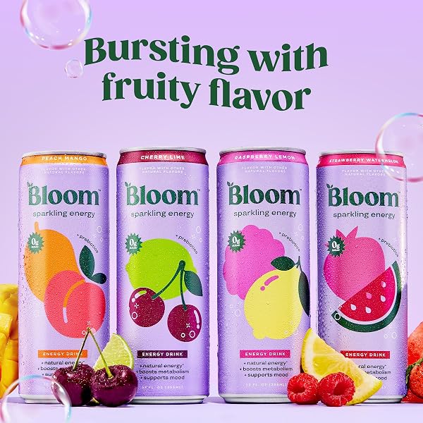 BLOOM NUTRITION SPARKLING ENERGY DRINK – VARIETY PACK – NATURAL CAFFEINE, ZERO SUGAR, 180MG CAFFEINE – ANTIOXIDANT-RICH WITH GREEN COFFEE BEAN, GREEN TEA EXTRACT, PREBIOTICS – 12OZ 12 PACK