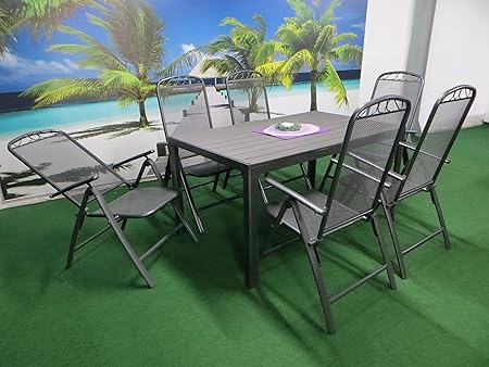 7-teilige Luxus Streckmetall Aluminium Polywood Gartenmöbelgruppe von RRR, Klappsessel und Gartentisch 150x90 anthrazit, P27