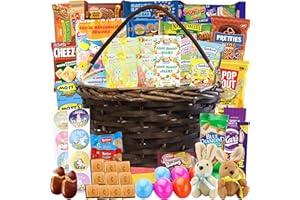SARAH'S CANDY FACTORY Easter Brown Round Willow Basket (70 ct) Filled with Treats, Snacks, Candy, Peelable Gummies, Marshmallow Gummies, Bunny and More, Great Package for Family, Friends, Boys and Girls