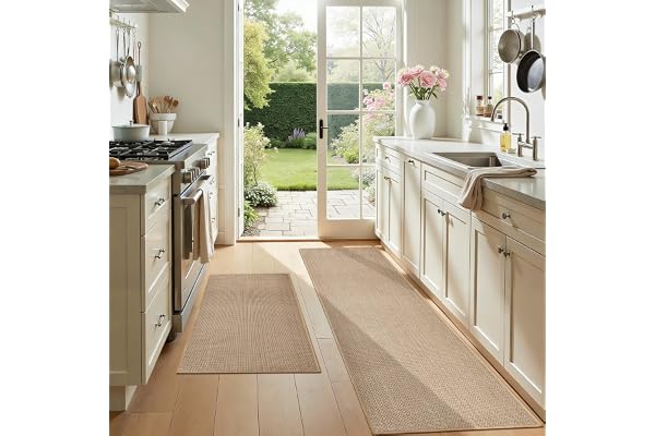 Beige Kitchen Rugs Non Slip Washable Set of 2 PCS, Cushioned Rugs for Kitchen Floor, Absorbent Runner Rug Comfort Mats with R