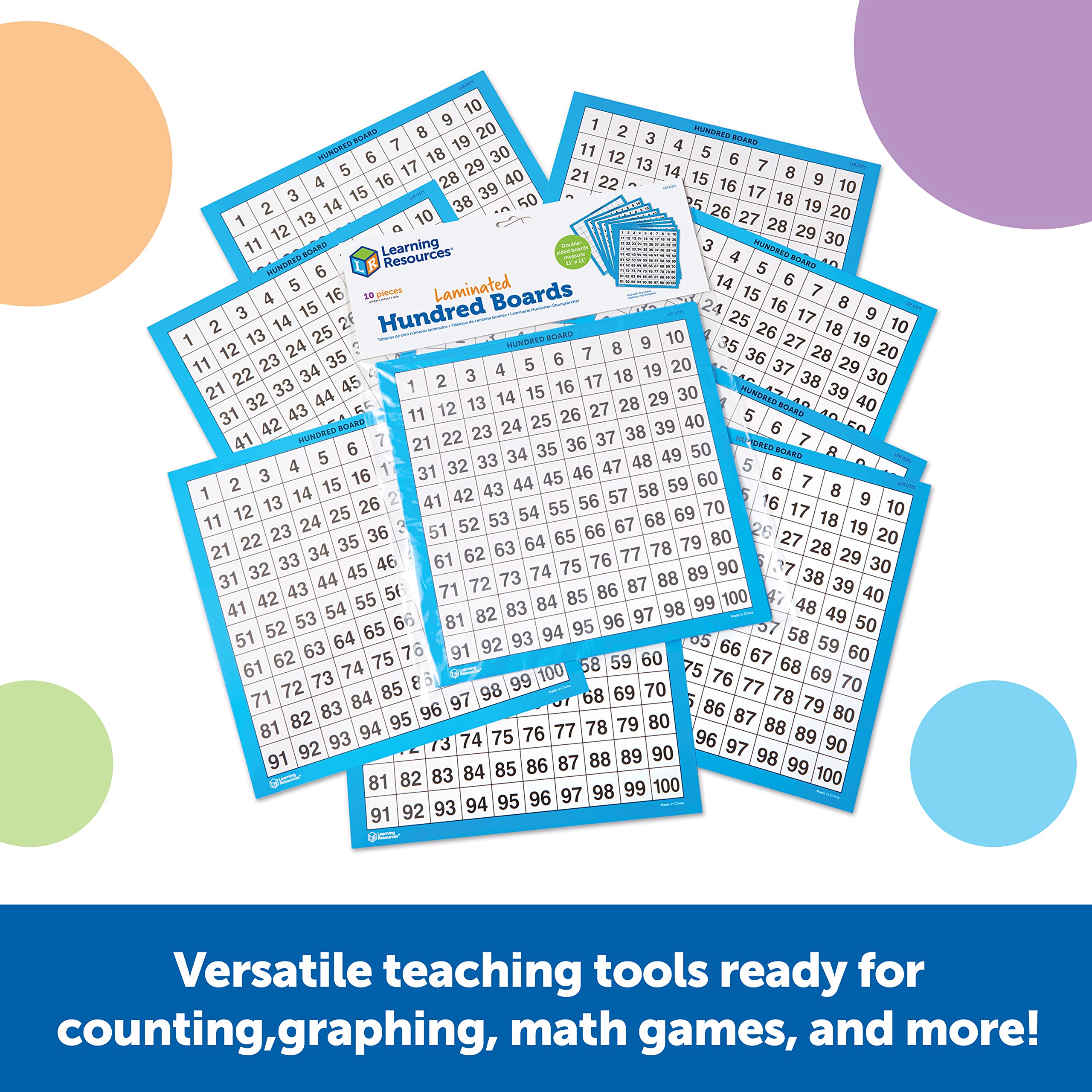 Learning Resources Laminated Hundred Boards, Dry-Erase Counting Aid, Set of 10, Multicolor, Model:LER0375