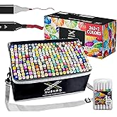 Xushro 262+2 Piece Dual Tip Alcohol Markers Set with 12 Free Acrylic Paint Markers - No Bleed, Vibrant Colors for Drawing - Fine & Chisel Tips with Organizing Case - Blending Markers for Adults & Kids