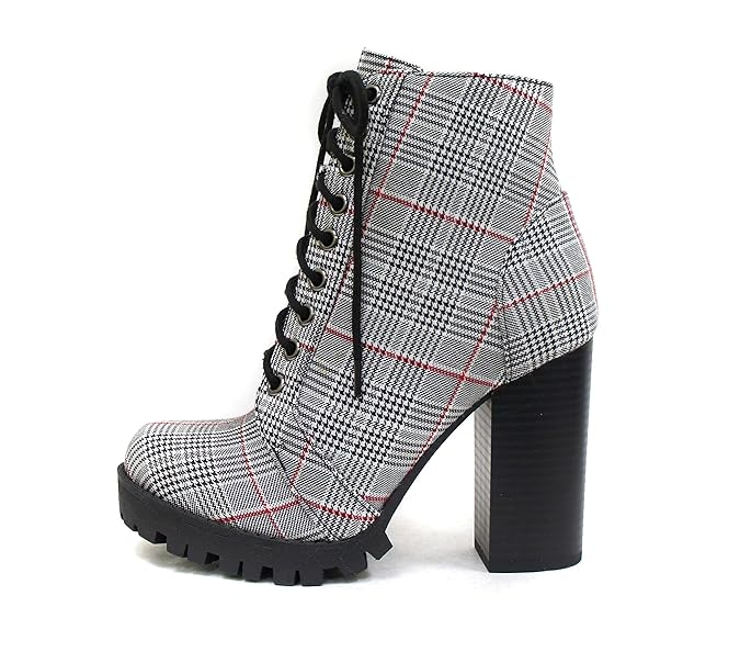 Soda Chalet - Bota de Tobillo de inspiración Militar con tacón apilado y Cierre Lateral (7,5 cm), Color Negro y Blanco
