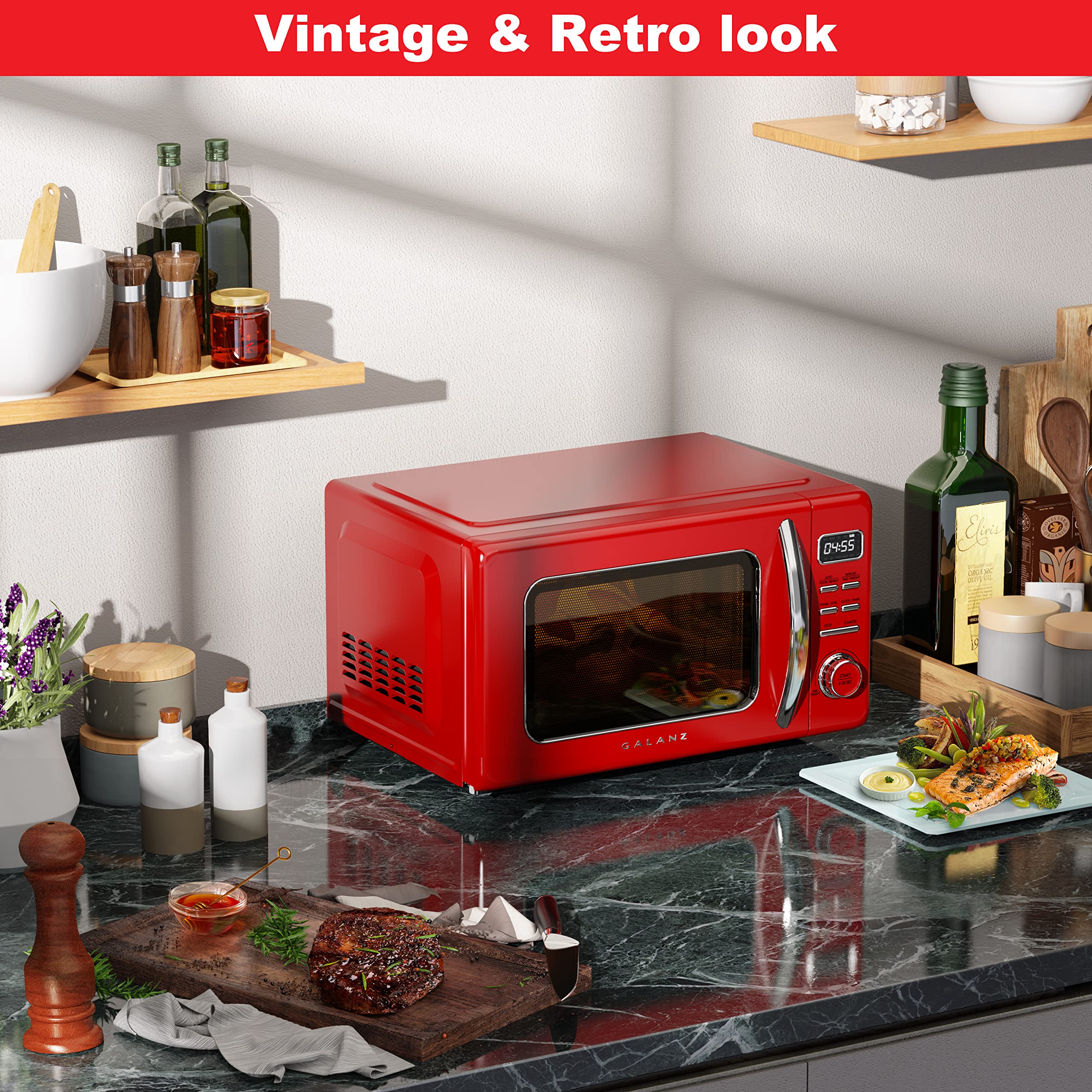 Galanz GLCMKZ09RDR09 Retro Countertop Microwave Oven with Auto Cook & Reheat, Defrost, Quick Start Functions, Easy Clean with Glass Turntable, Pull Handle, 0.9 cu ft, Red