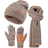 Winter Hat Gloves Scarf Set for Men Women, Mens Beanie with Fleece Lined Long Thick Scarf Touchscreen Gloves for Cold Weather, 3 in 1 Warm Gift Set(B-10)