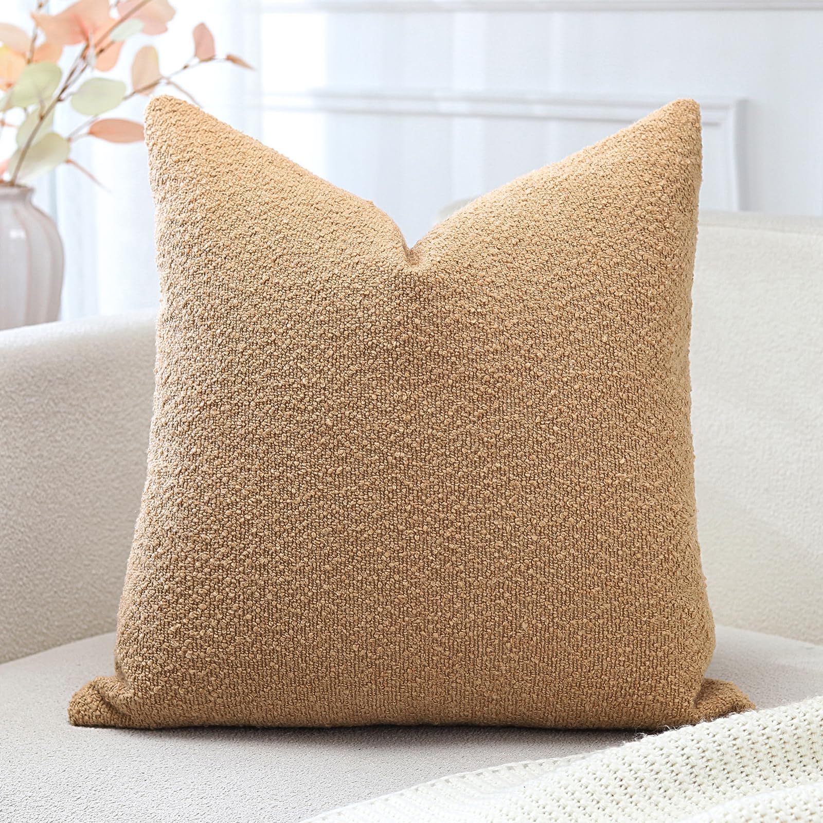 Artscope Pack of 1 Textured Boucle Cushion Covers Square Pillow Cases Cozy Soft Decorative Couch Pillow Covers for Chair Sofa Bedroom Living Room Home Decor 45x45cm, Tobacco