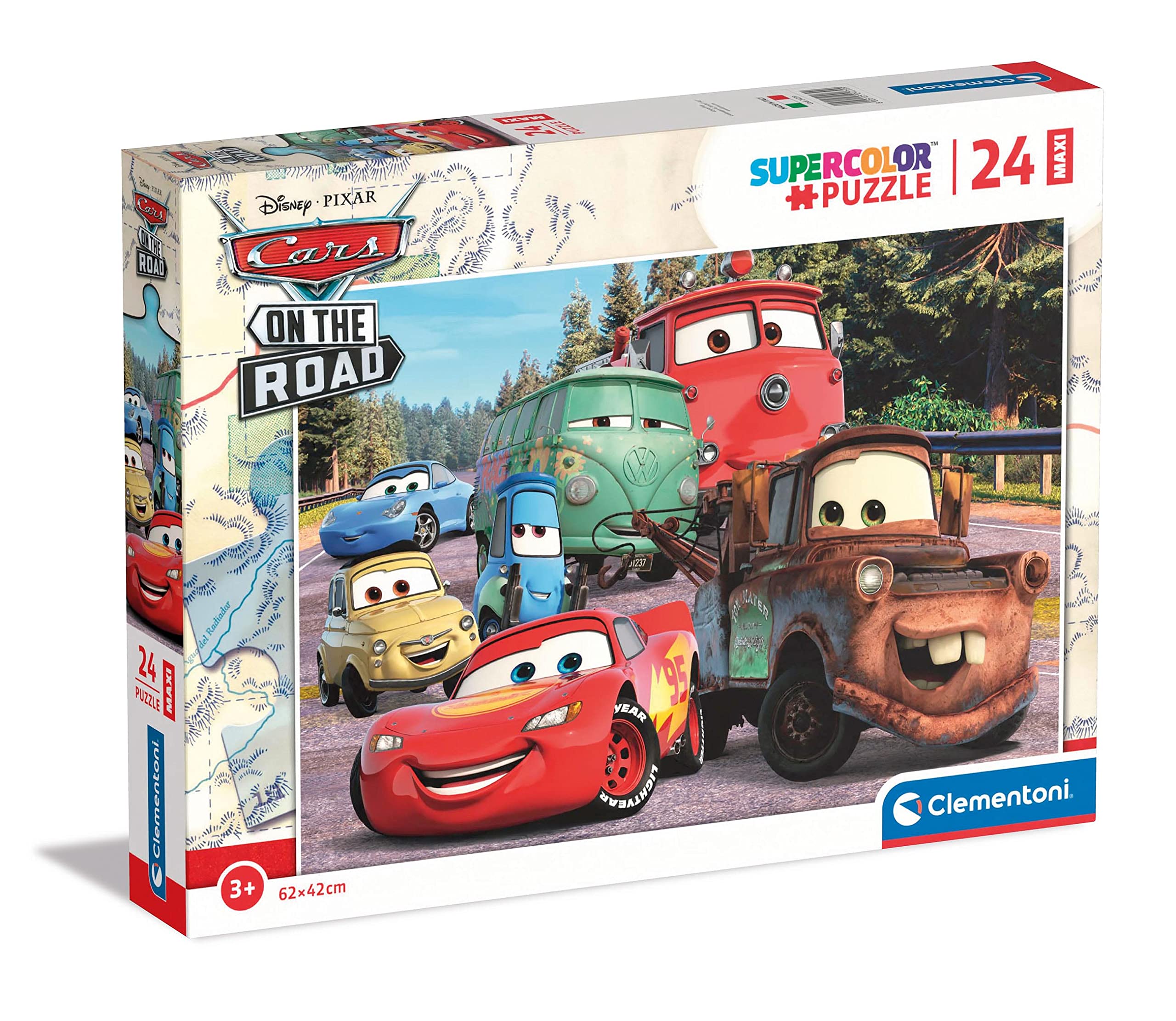 Clementoni - 24239 - Supercolor Puzzle - Disney Pixar Cars On The Road - 24 Maxi Pieces, Jigsaw Puzzle For Kids Age 3, Puzzle Cartoon, Made In Italy