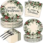 Polaxium 200Pcs Merry Christmas Paper Plates and Napkins Tableware Set Xmas Trees Winter Disposable Holly Pine Cone Plates Napkins for Christmas Holiday Home Party Supplies and Decoration, 50 Guests