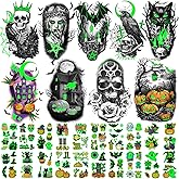 39 Sheets Halloween Glow Up Temporary Tattoos Women Men Adults, Skeleton Death Skull Pointed Black Hats Brooms Cauldrons Black Cats Half Arm Halloween Fake Tattoo, Scary Tattoos for Halloween Costume