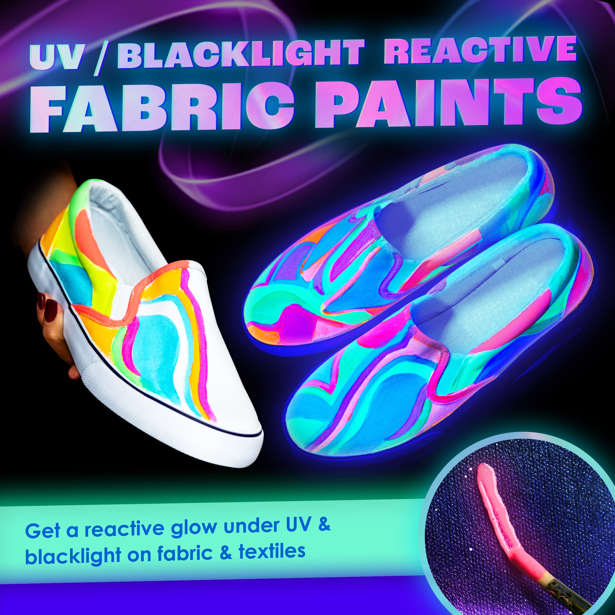 Glow in The Dark Fabric Paint - Pack of 8 Neon Fabric Paint Colors for Clothes & Textiles - UV and Blacklight Clothing Paint for Halloween Costumes, Easter Egg Painting Decoration - 20 mL