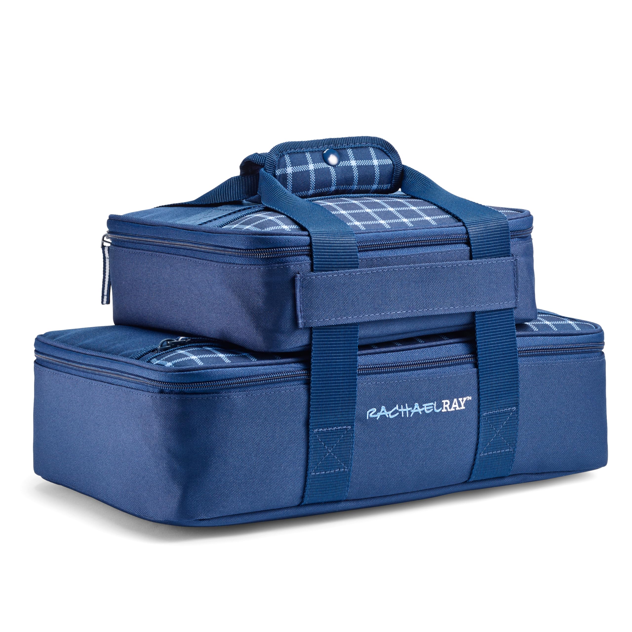 Rachael Ray Lugger Duo, Insulated Casserole Carrier for Hot or Cold Food, Thermal Lasanga Lugger Tote for Potluck, Parties, Picnic, and Cookouts, Fits 9" x 13" Baking Dish, Navy Gingham Image
