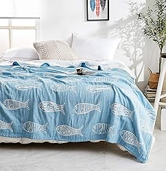 MEJU Fish Blue Muslin Lightweight Summer Blanket