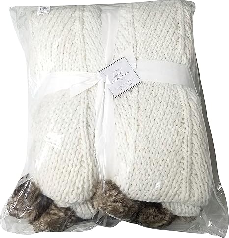 Pottery Barn Faux Fur Pom Pom Throw Ivory Cream Blanket 50x60