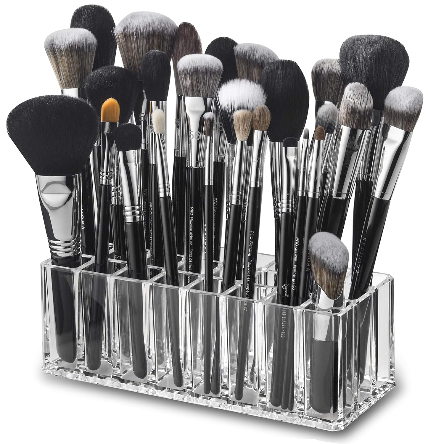 byAlegory Acrylic Makeup Brush Organizer | 24 Space Storage w/Deep Slots for Cosmetic Beauty Brushes Refillable Container - Black Clear