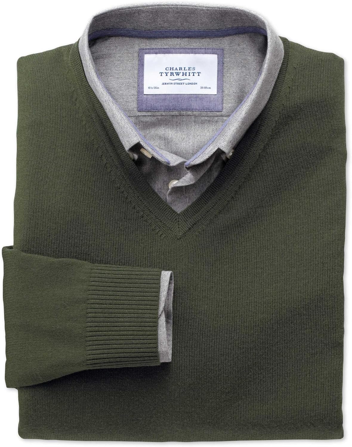 Charles Tyrwhitt Dark Green Merino V-Neck Wool Sweater at Amazon Menâs Clothing store