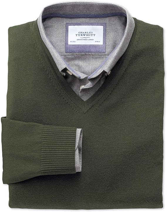 Charles Tyrwhitt Dark Green Merino V-Neck Wool Sweater at Amazon Menâs Clothing store