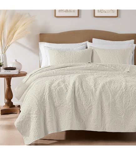 R.SHARE 100% Cotton California King Quilt Set | Beige Farmhouse Bedspread, Textured Gauze, With 2 Shams