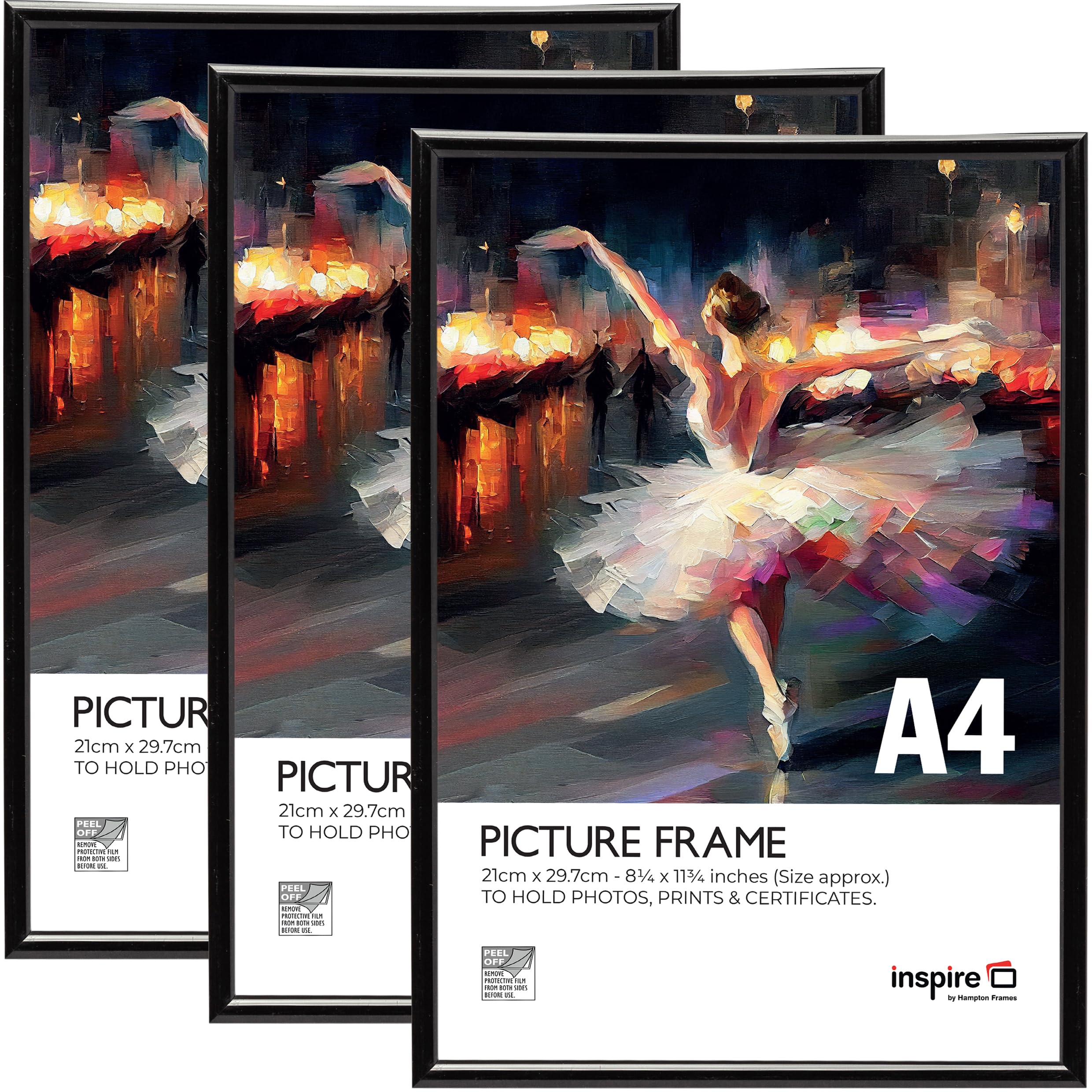 Inspire By Hampton BACKLOADER A4 (21x29.7cm) Black Poster Frame Acrylic (Non-Glass) Front Pack of 3