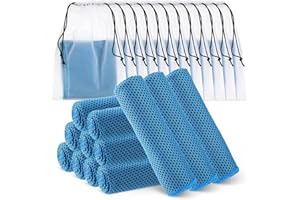 Hosuly 12 Pcs Cooling Towels for Face and Neck 12 x 40 Inch Workout Towels for Gym Fast Drying Hot Weather Sweat Rag Cold Cooling Cloth with 12 Bags Athletes Sport Yoga Golf(Light Blue)