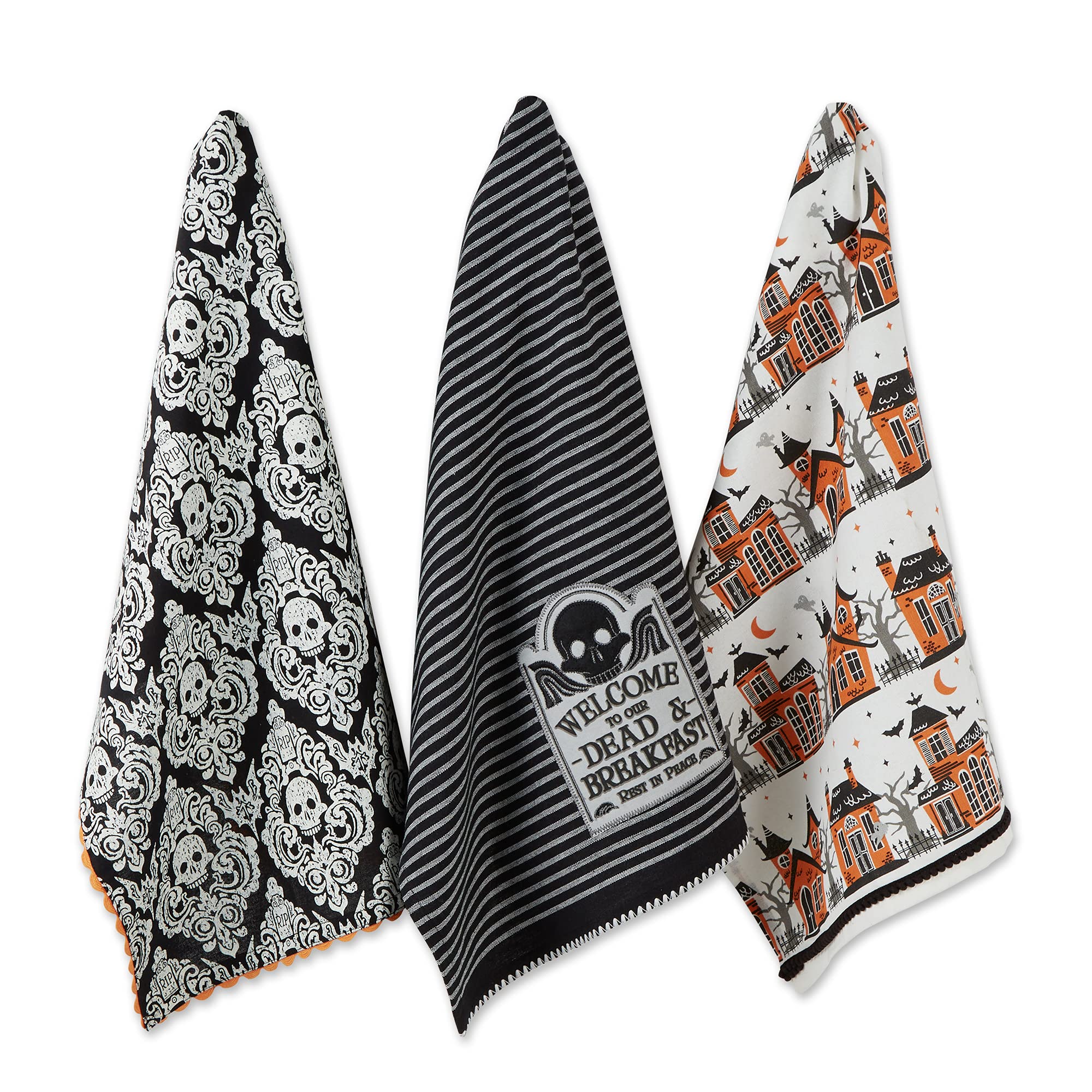 DII Halloween Collection Embellished Dishtowel Set, 18x28, Haunted Hallow 3 Piece