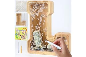 weallbuy Large Letter Piggy Bank for Kids Boys Girls Wooden Personalized Piggy Banks A-Z with Target Area Clear Alphabet Banknote Coin Banks for Gift Decoration Baptism (L)