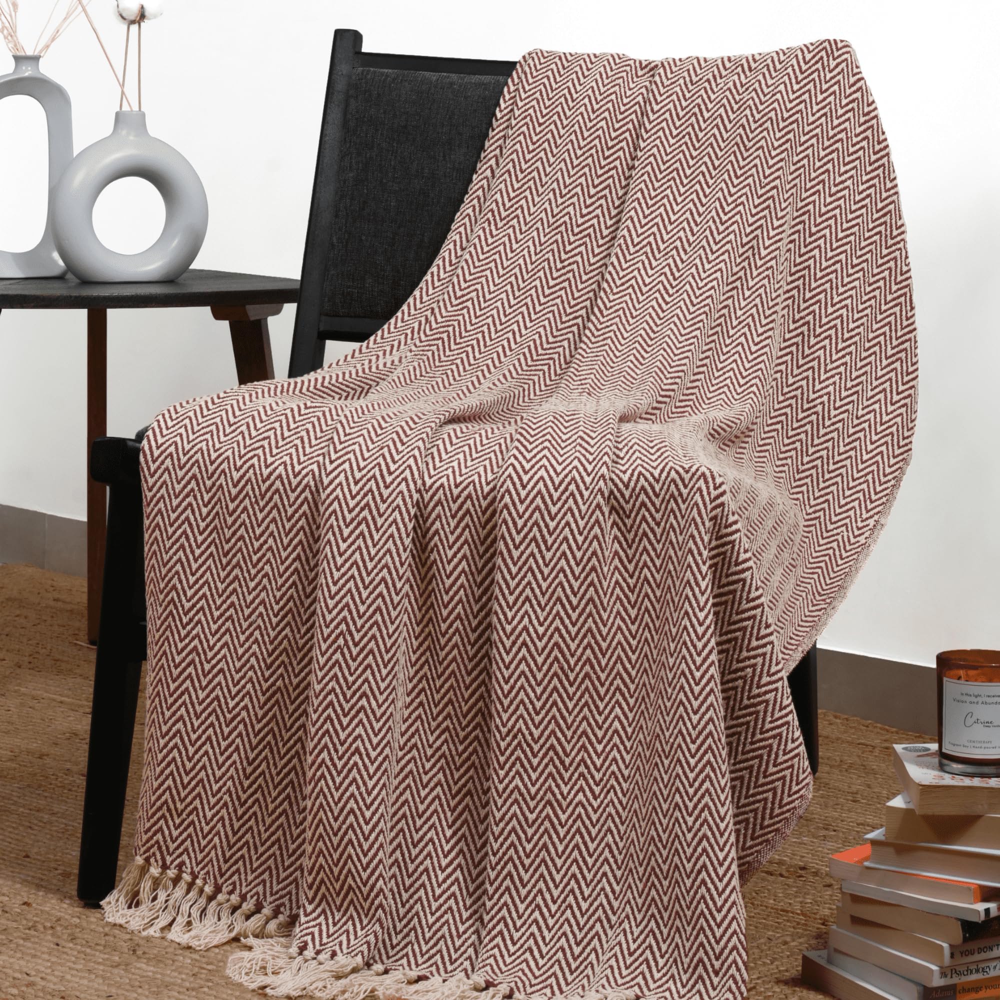 RAJRANG Farmhouse Throw Blanket for Couch 127x152 cm Soft Vintage Reversible Chevron Throws with long Tassels - Maroon Blanket for Home Decor