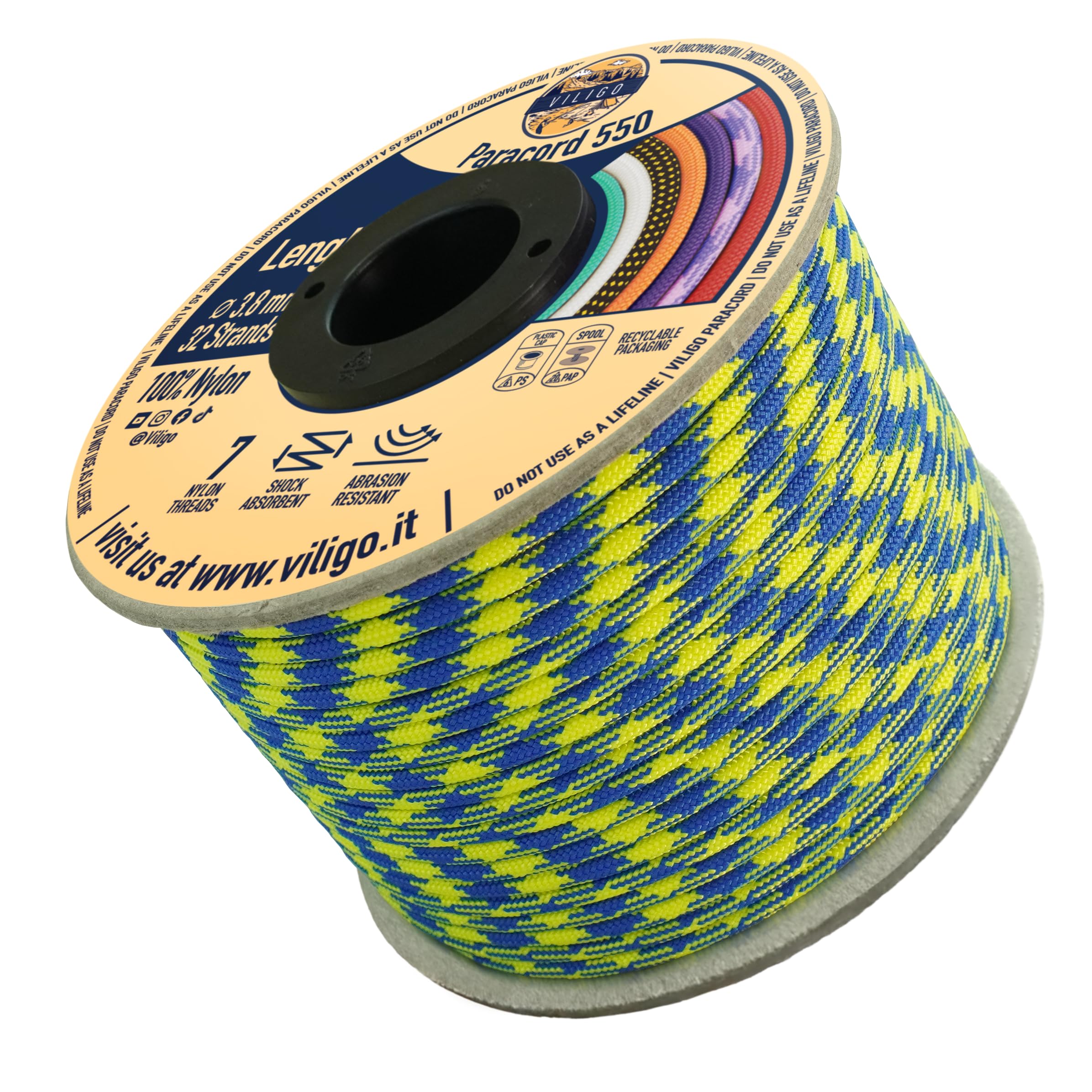 VILIGO Paracord 550 - Type III (3.8 mm) - Nylon Braid, 7 Inner Strands, Ideal for Camping, DIY Projects, Bracelet Making and Accessories (15 m, Cosmic Ray)