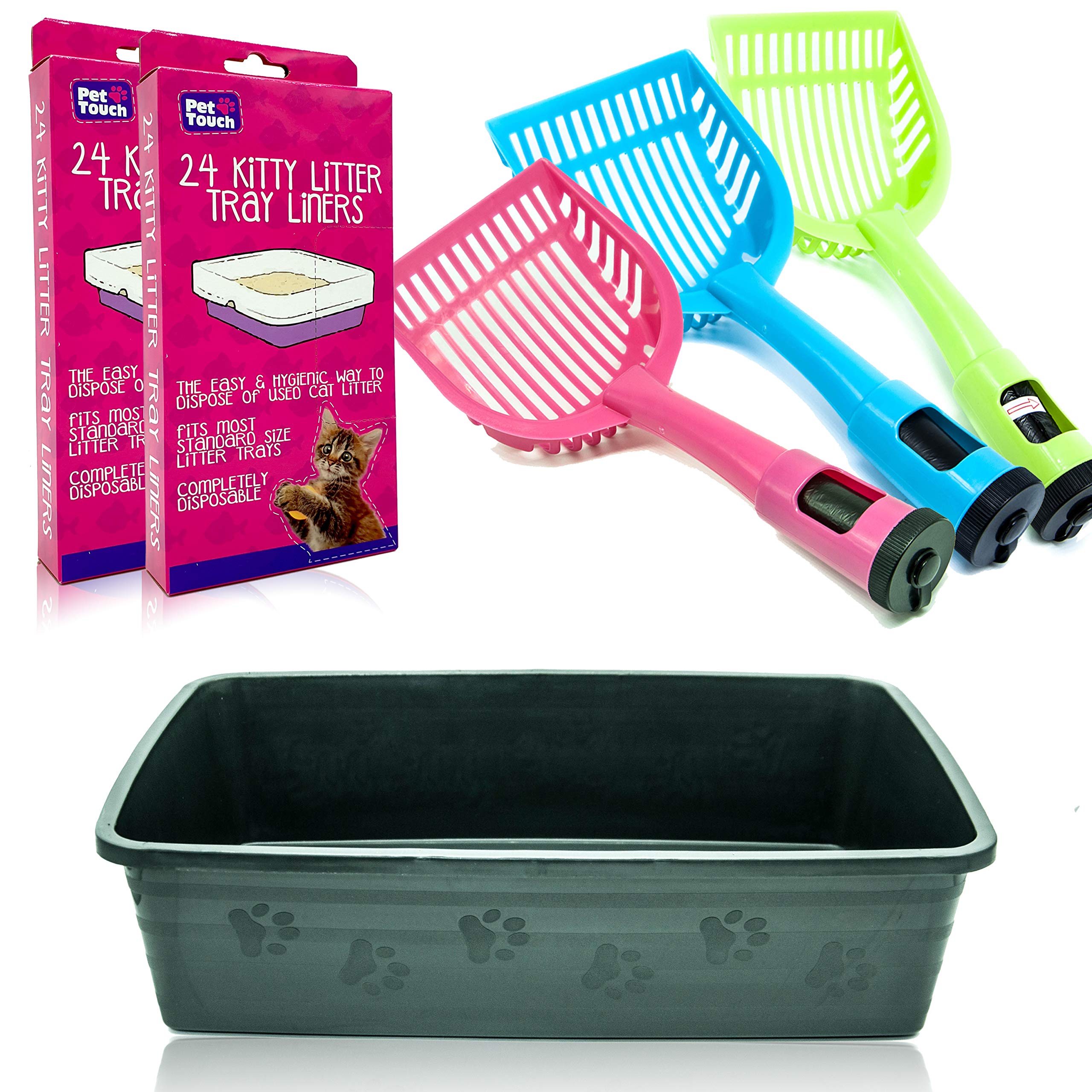 Set of 3 Kitty Cat Essentials CAT LITTER TRAY with 48 Kitty Cat Litter TRAYS LINERS and CAT LITTER SCOOP with 20 Waste Bags Assorted Bundle for Cat Litter Disposal (Cod Grey)