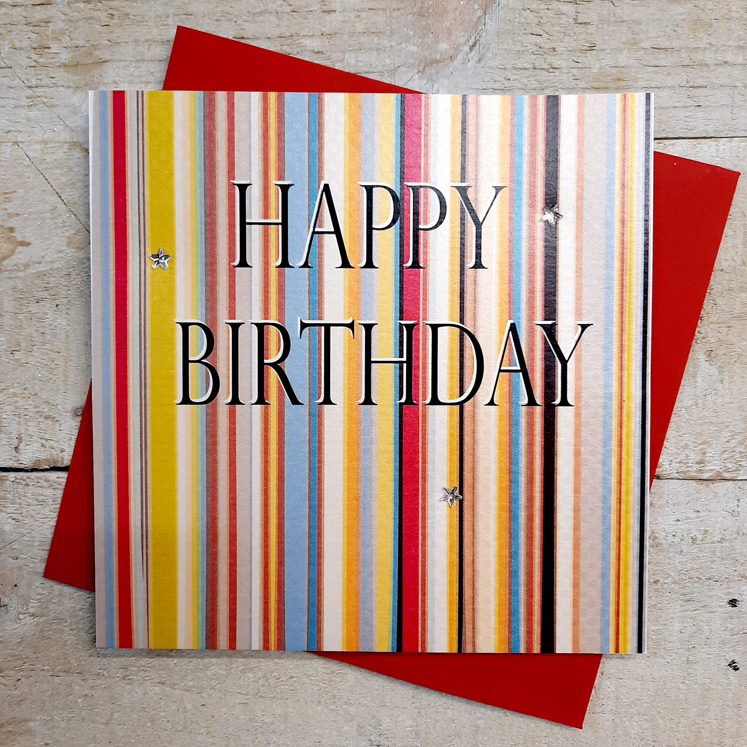 WHITE COTTON CARDS Happy Handmade Birthday Card (Code SB62, Stripes)