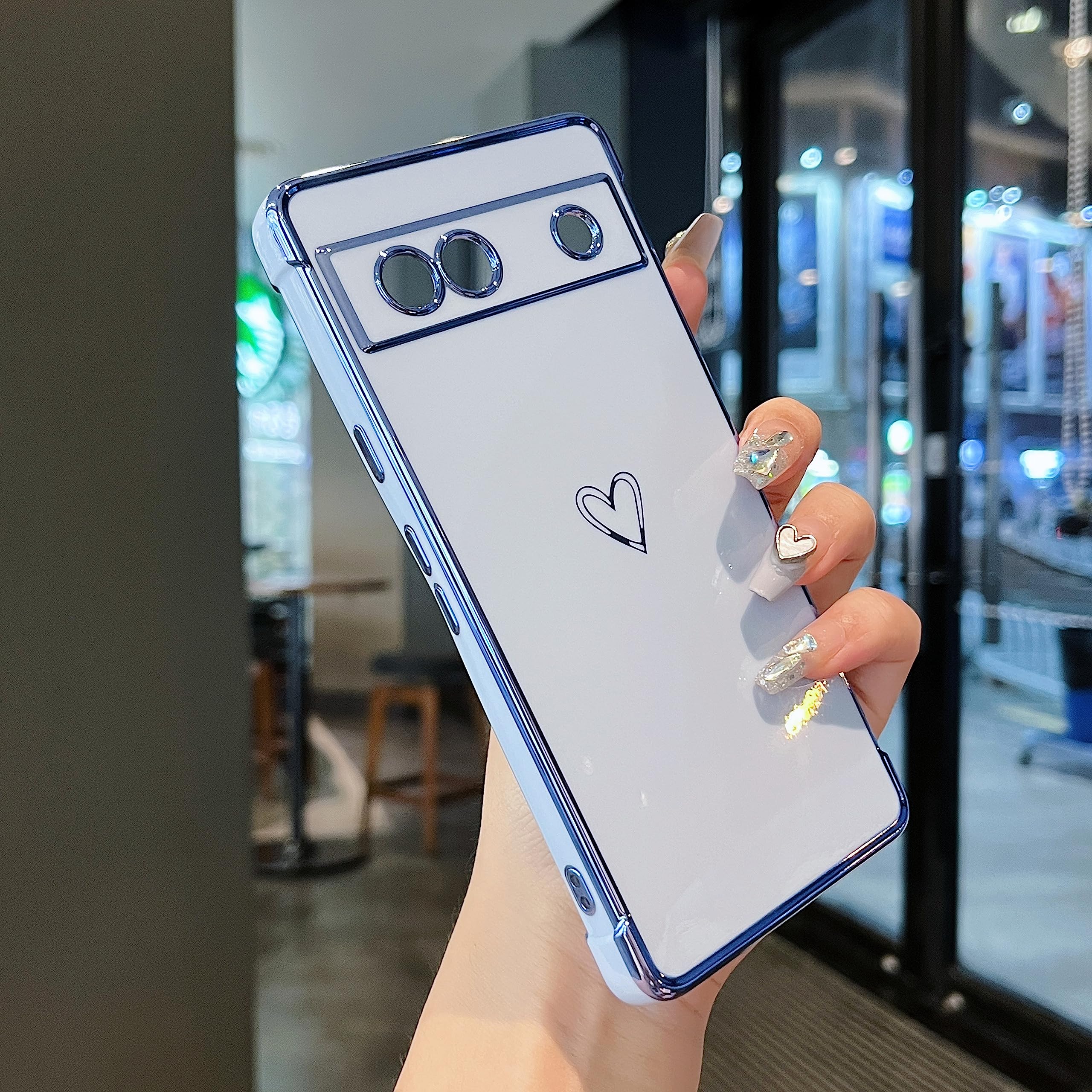 ZTOFERA Compatible with Google Pixel 7a Case for Girls Women, Flexible Soft Silicone Protective Phone Case with Cute Love Heart Pattern Golden Edging Shockproof Bumper Cover, Sierra Blue