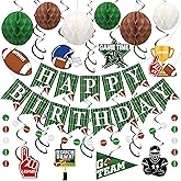Football Birthday Party Decorations Pre-Strung Happy Birthday Banner Green Brown White Honeycomb Balls Football Themed Hanging Swirls Circle Dots Garland for Sport Football Birthdays Party Decor