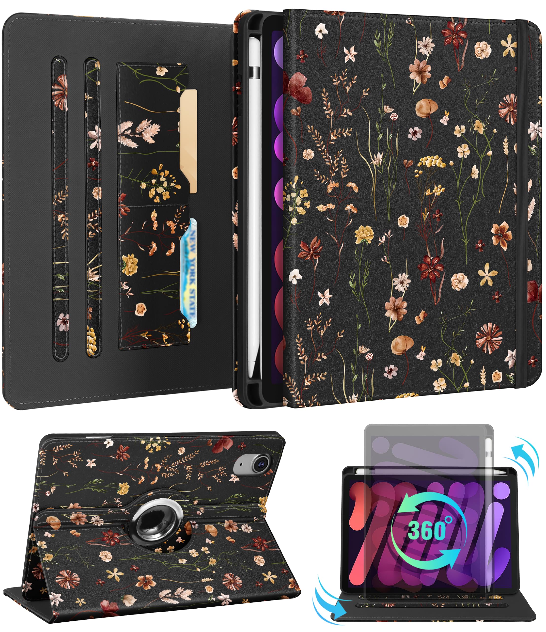 Photo 1 of Kidcube for iPad mini 7 Case A17 Pro 2024, for iPad mini 6th Generation Case 8.3 Inch - Women Girls Cute Rotating Stand Folio Cover with Pencil Holder & Card Slot Girly Flowers Floral Unique Cover