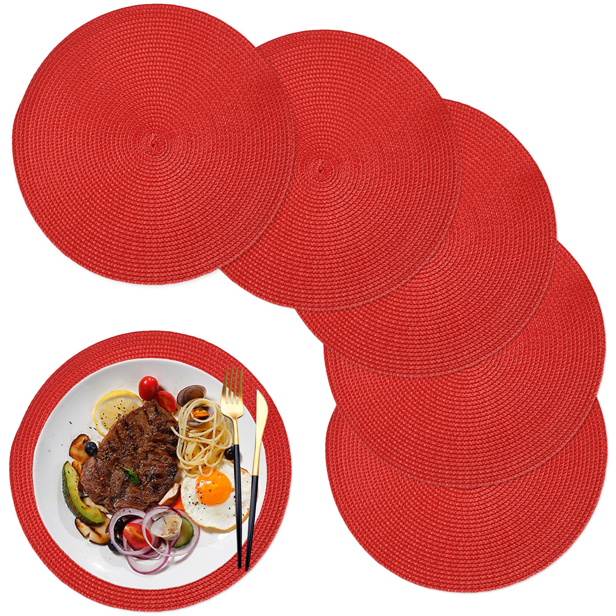 Photo 1 of WANYD Round Placemats for Dining Table Set of 6,12.6 Inch,Small Circle Placemats Washable Heat-Resistant Non-Slip Round Table Mats for Kitchen Table,Red