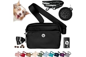 Puppington 3-in-1 Crossbody Dog Treat Pouch for Pet Training - Compostable Poop Bags, Built-In Poop Bag Dispenser, Slow-Feeding Travel Dog Bowl & Reflective Leash - Dog Walking Bag (Onyx Black)