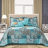 VAPUTAR King Size Quilt Bedding Set - Soft Cotton King Size Bedspreads (98 * 106 in) - Lightweight Patchwork Floral Quilts for Farmhouse Bedroom (Teal/Green Chic, 3 Pieces)