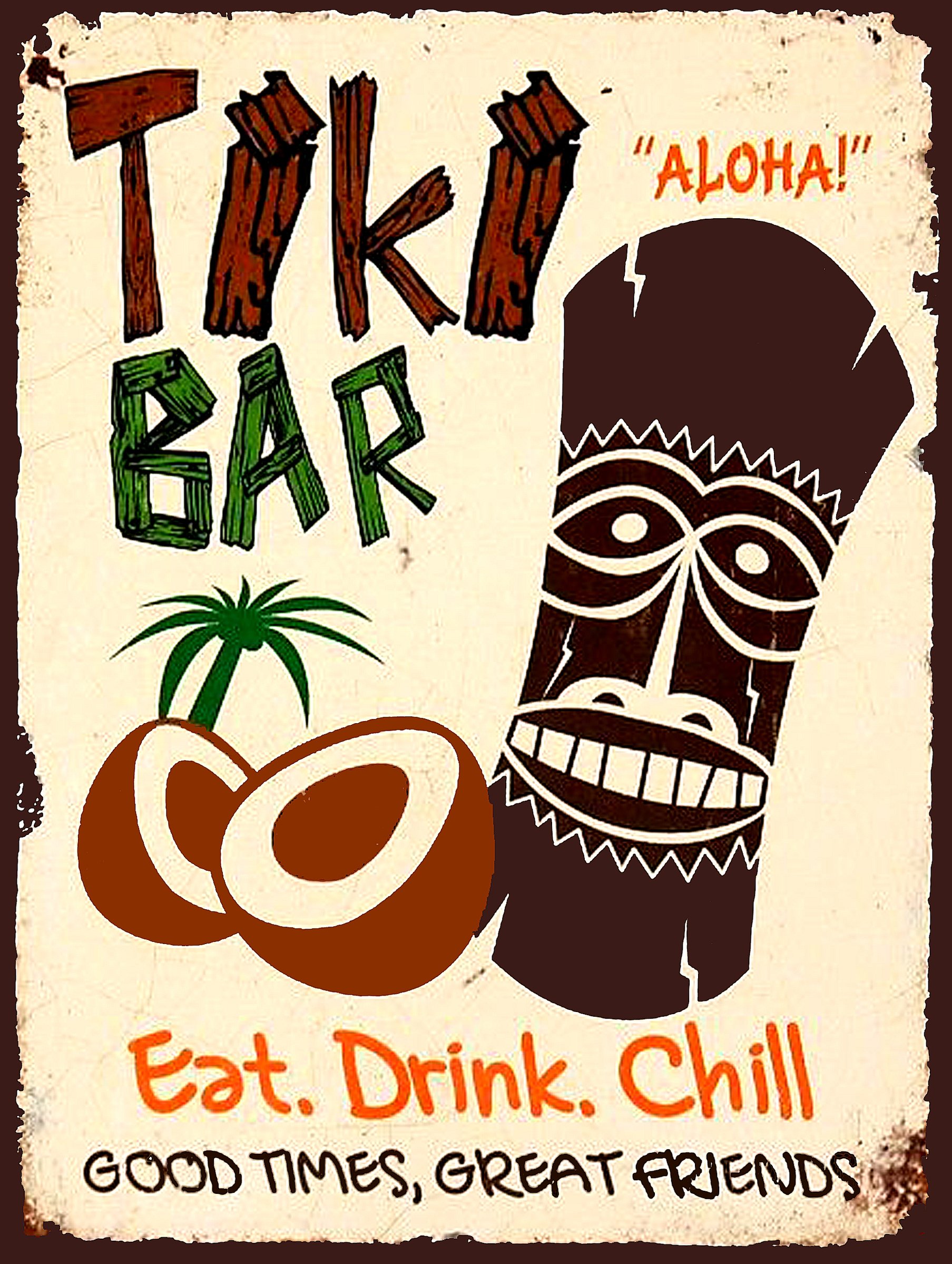 Shawprint TIKI BAR EAT DRINK CHILL METAL TIN PLAQUE WALL SIGN RETRO ART PUB BAR CLUB MAN CAVE (10" x 8" (267mm x 200MM))