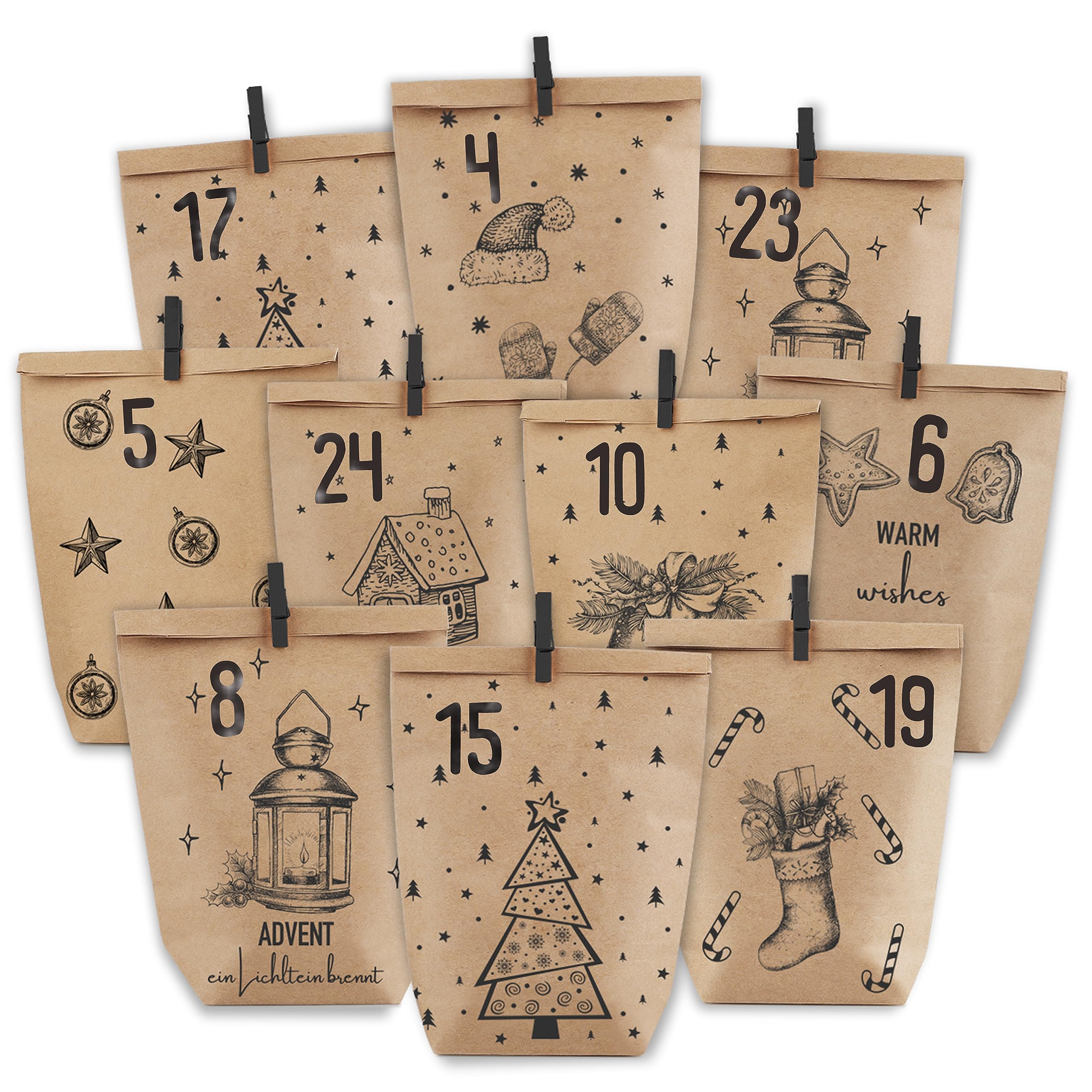 PANSIBY Advent Calendar for Filling, 24 Christmas Calendar Paper Bags for Self-Filling, Gift Kraft Paper Bags, Advent Bags, Fill Yourself for Children, Adults