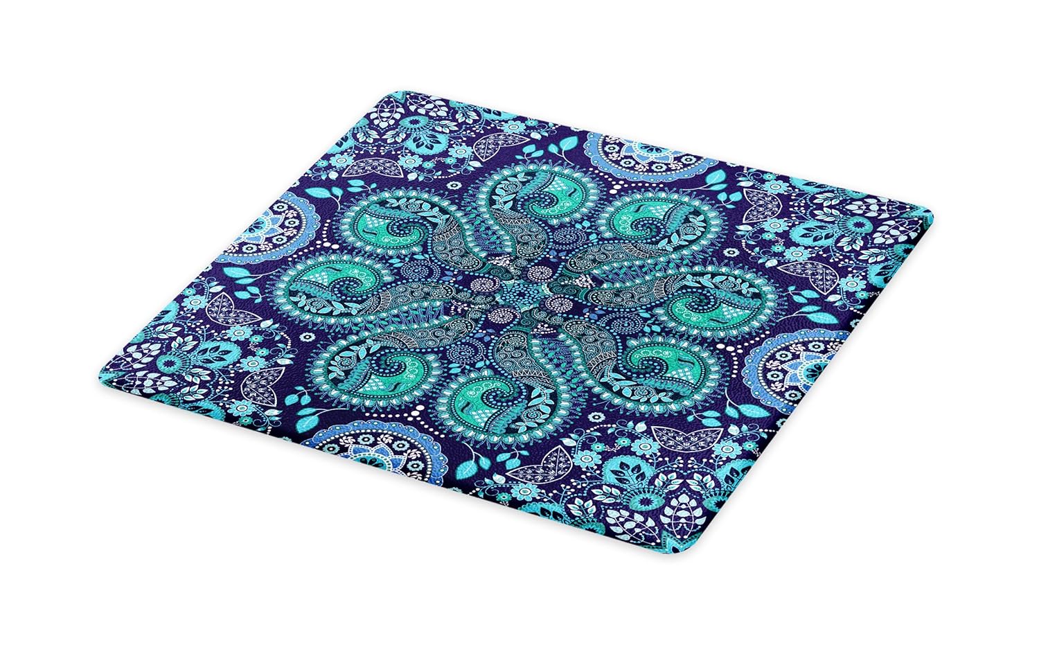 Lunarable Paisley Cutting Board, Motifs Inspired with Ivy Flowers Round Shapes, Decorative Tempered Glass Cutting and Serving Board, Large Size, Indigo Teal Cadet Blue Slate Blue