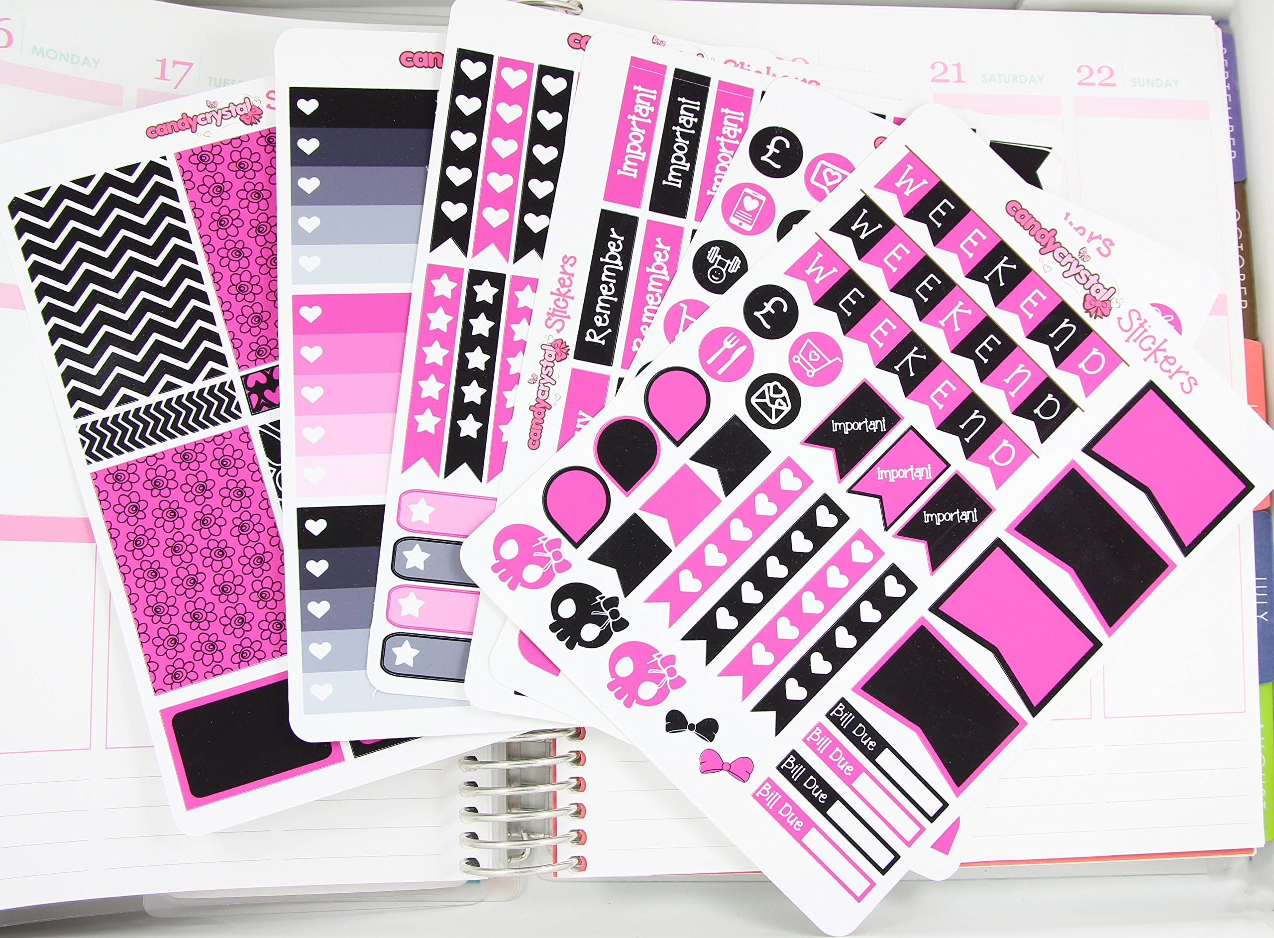 Black & Pink REPOSITIONABLE - Monthly Kit Kawaii Planner Organiser Sticker Pack 6 sheets