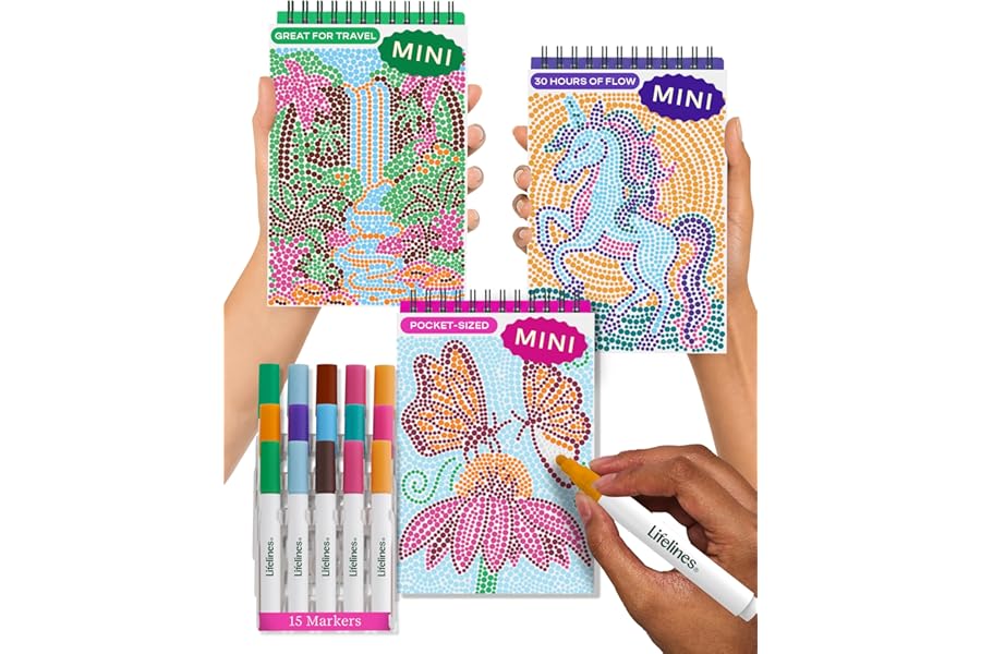 Lifelines FlowArt Mini Activity Pads, 3-Pack - Guided Dot-by-Letter Art Meditations with Markers - 15 Markers & 60 Scenes - P