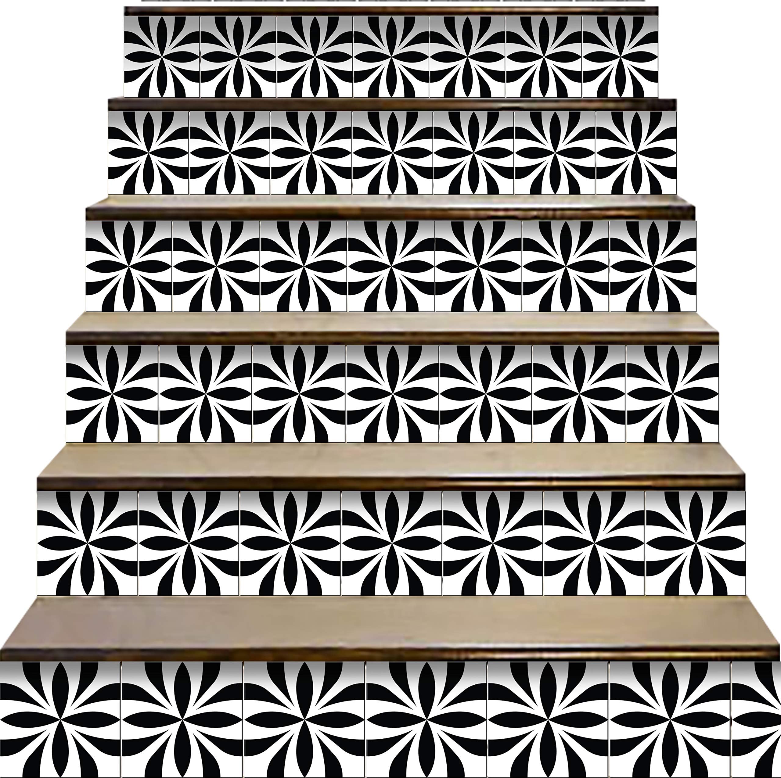 Mi Alma Peel and Stick Tile Backsplash Stair Riser Decals DIY Tile Decals Mexican Talavera Home Decor Staircase Decal Tile Stickers Decals 7''W x 7''L (Set of 24) (Black & White)