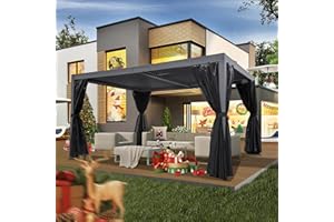 DOMI OUTDOOR LIVING Domi Louvered Pergola 10' × 13', Outdoor Aluminium Pergola with Adjustable Roof, Curtains and Netting, Hardtop Gazebo for Patio, Deck, Garden, Yard, Beach(Gray)