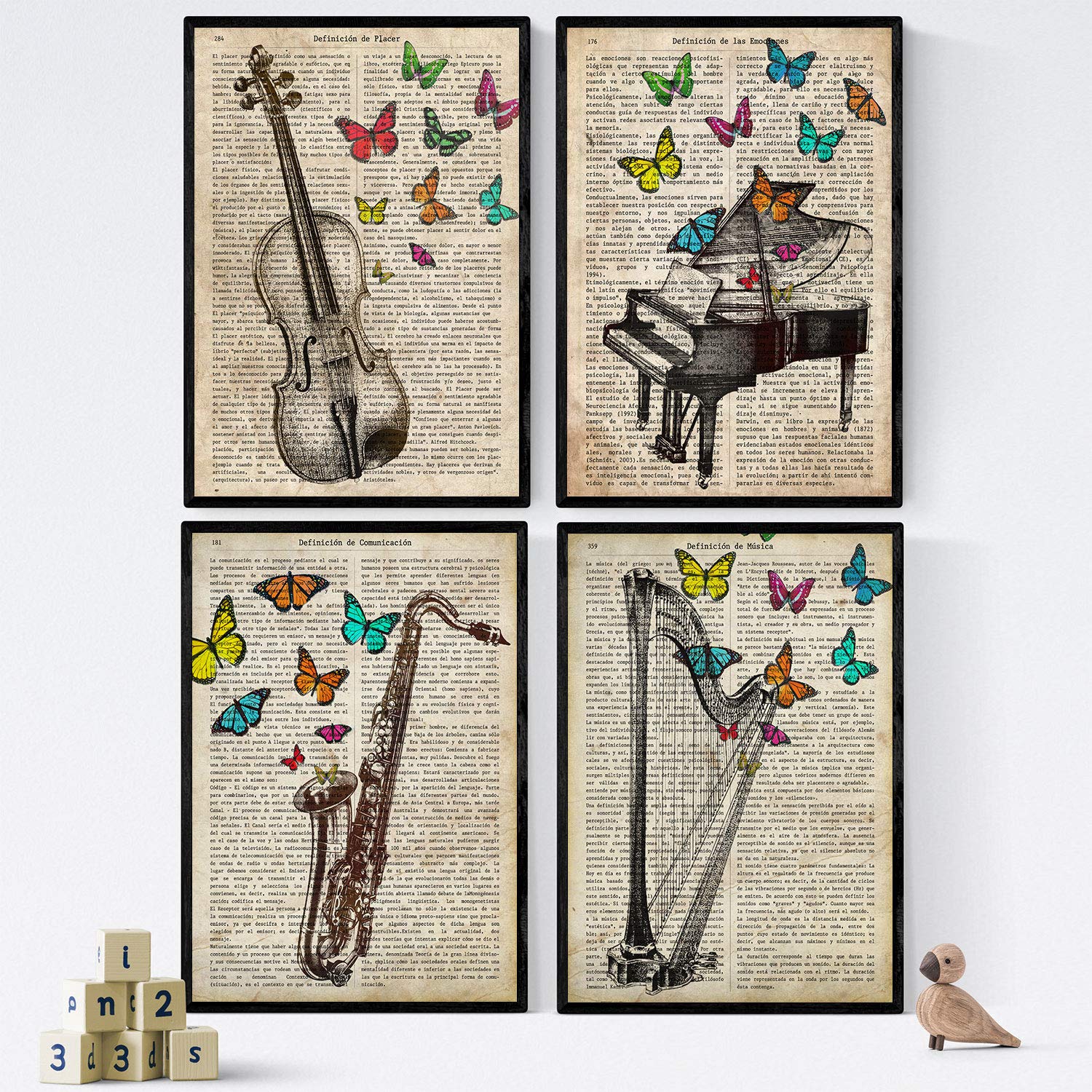 Nacnic pack vintage four sheets Piano, Harp, Violin and definitions Saxon music, emotions, communication, pleasure. A4 - Unframed. 250 Gr