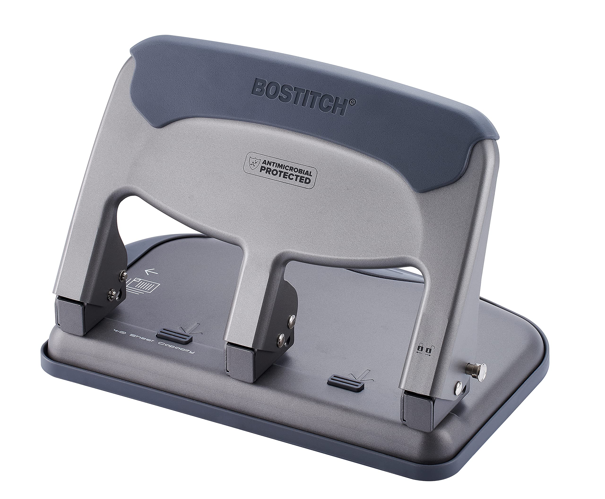 Bostitch Office EZ Squeeze 40 Sheet 3-Hole Punch, Antimicrobial Coating, Heavy Duty (HP40AM), Silver