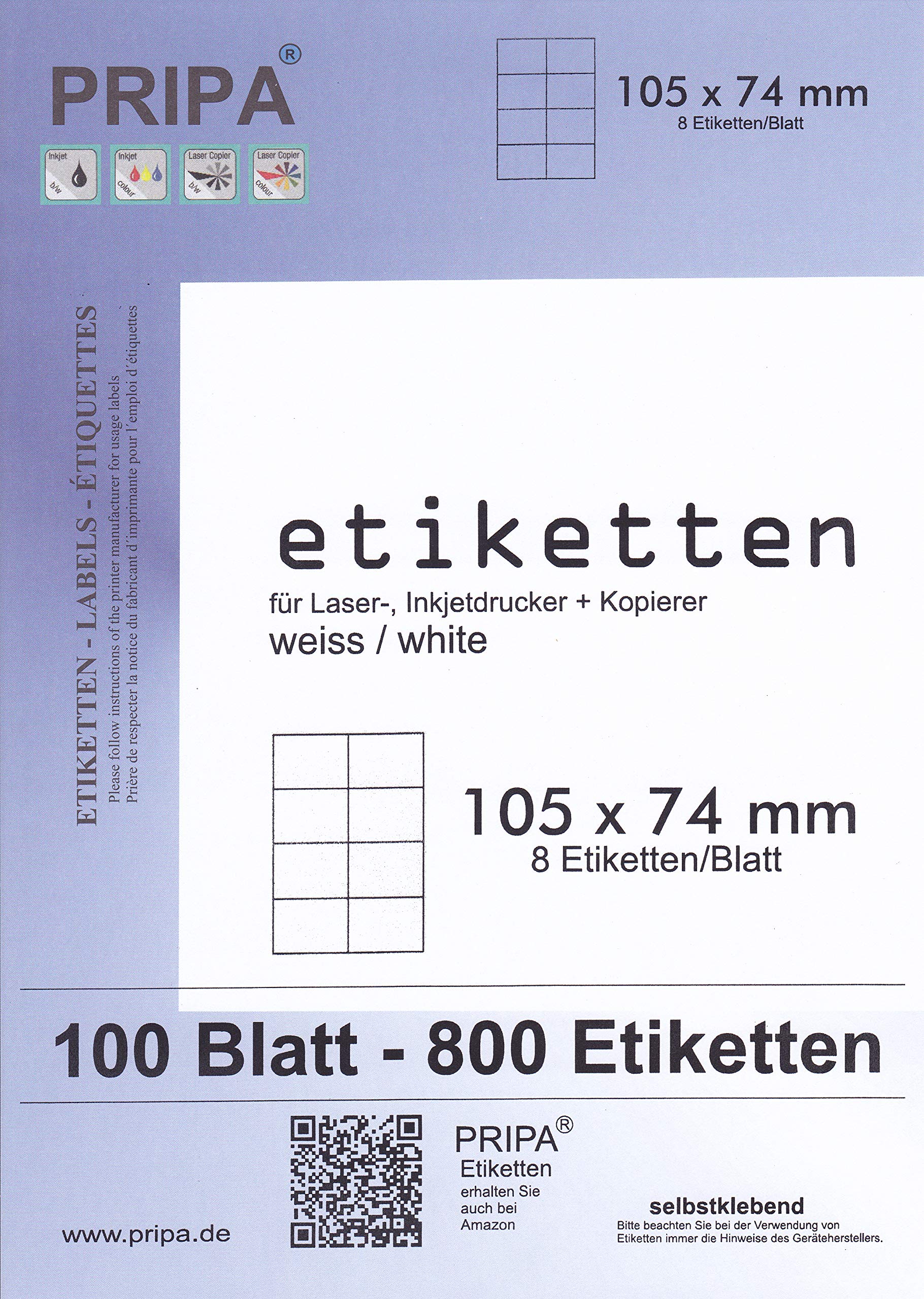 800 Labels, 105x74 mm, self-Adhesive on a Total of 100 A4 Sheets, All-Round Quality White