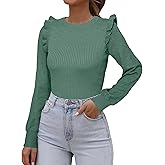 Simplee Womens Long Sleeve Sweaters Crewneck Ruffle Shoulder Fall Sweater Casual Ribbed Knit Pullover Tops 2025