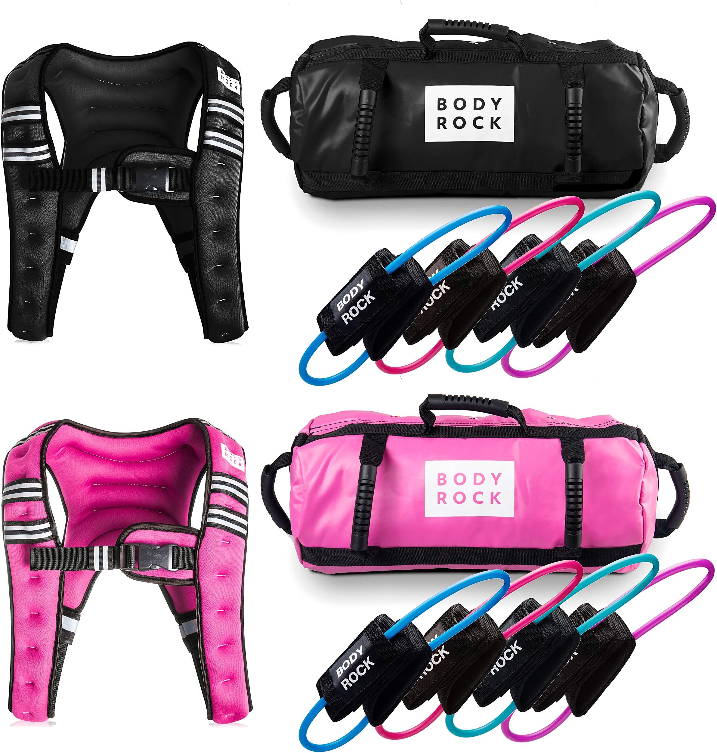 SWEATFLIX His and Her Resistance Bands & Home Workout Equipment: BodyRock Total Body Fitness Exercise Equipment- Home Gym Training Kit Includes Resistance Bands Set, Sandbag, Weighted Vest