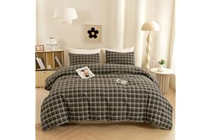 ECOCOTT Buffalo Plaid Duvet Cover Queen Size – 3 Piece Washed Cotton Brown & Blue Bedding Set, Soft & Breathable, Reversible Checkered Design with Zipper Closure & Corner Ties