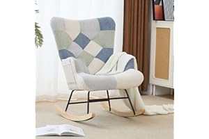 ETCZOYE Nursery Rocking Chair Teddy Upholstered Glider Rocker Rocking Accent Chair with High Backrest Armchair Comfy Side Chair for Living Room, Bedroom, Offices (Spliced Blue)