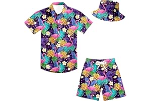 UNICOMIDEA Boys Hawaiian Outfits Summer Button Down Shirt and Short with Bucket Hat 5-12 Years 3 Piece Sets for Kids